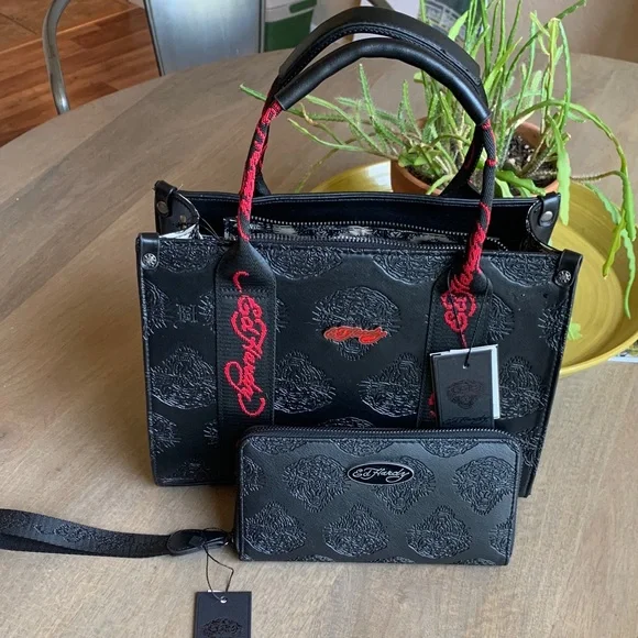 Ed Hardy Black and Red Embossed Satchel with matching wristlet set - Picture 1 of 9